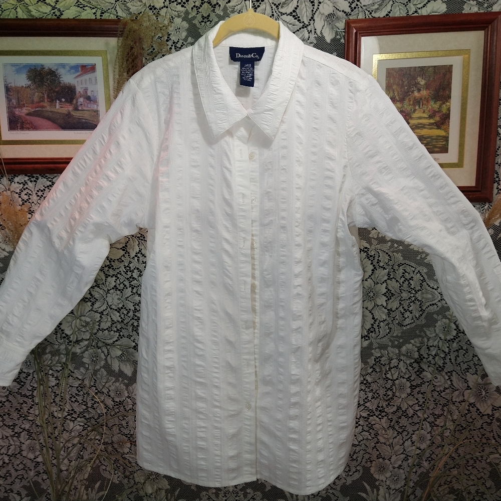 Denim&Co white shirt ribbed ruffles long sleeve lightweight button up
